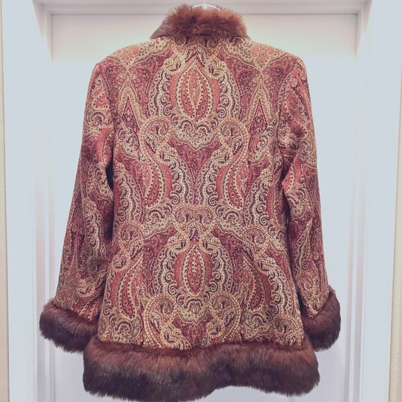 Newport News-Vintage Paisley Print Faux Fur Coat/Jacket-Hook Closure-Pockets-10 - Picture 10 of 16